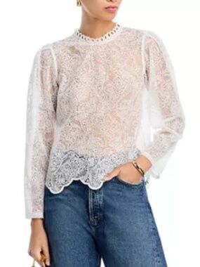 Aqua Women's White Fully Lace Long Sleeve Cotton Blend Size M